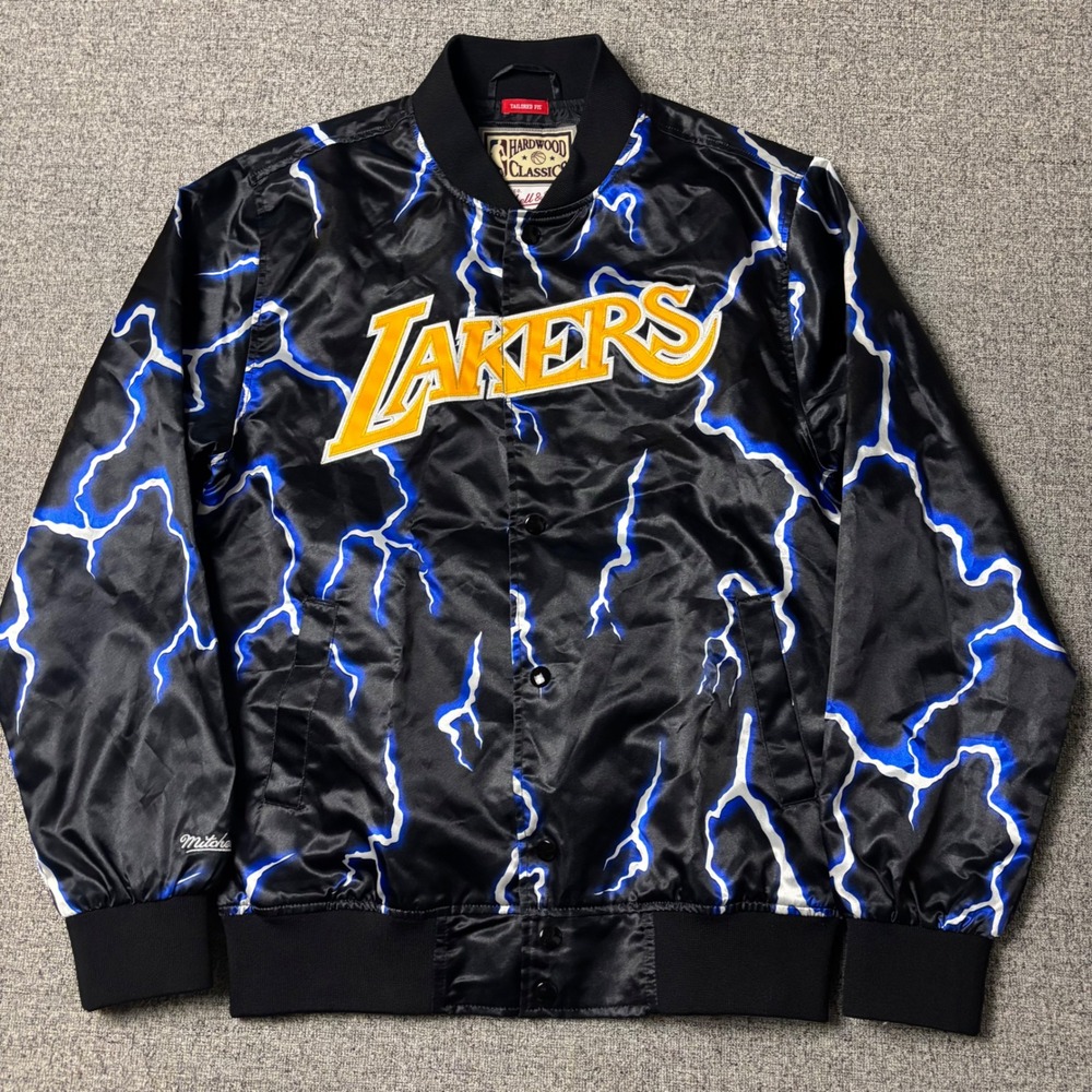 Los Angeles Lakers Mitchell & Ness Jacket‎ Mens S Black Lightning Satin Bomber
